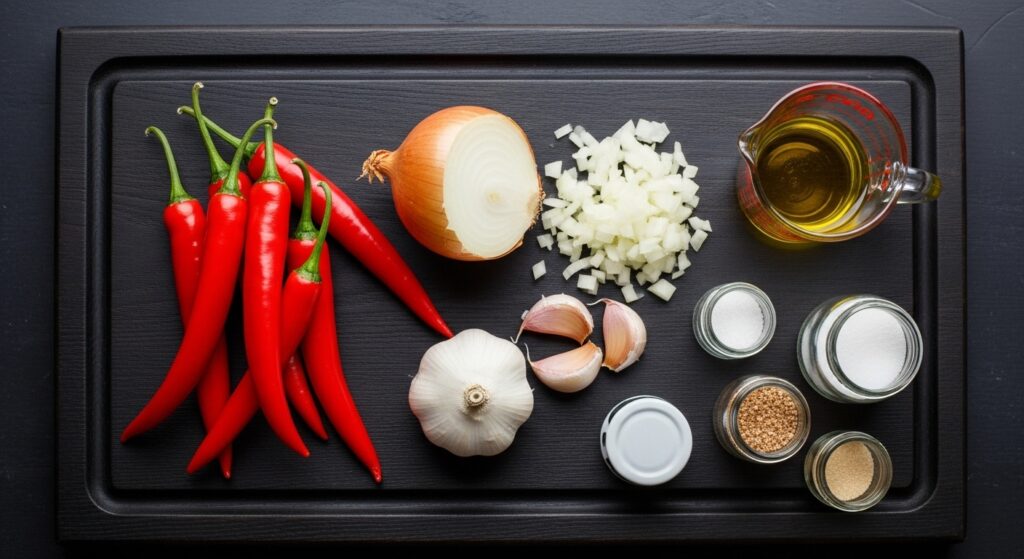 Ingredientes para a receita de molho de pimenta dedo de moça organizados sobre uma tábua de madeira, incluindo pimentas, cebola, alho e azeite.