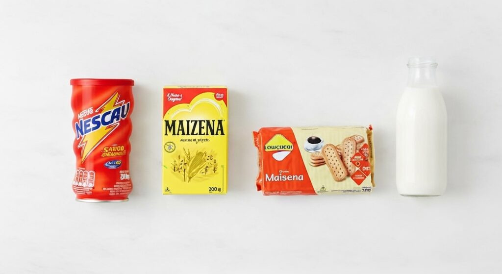 Ingredientes para a receita de pavê de Nescau econômico organizados em uma bancada de cozinha.