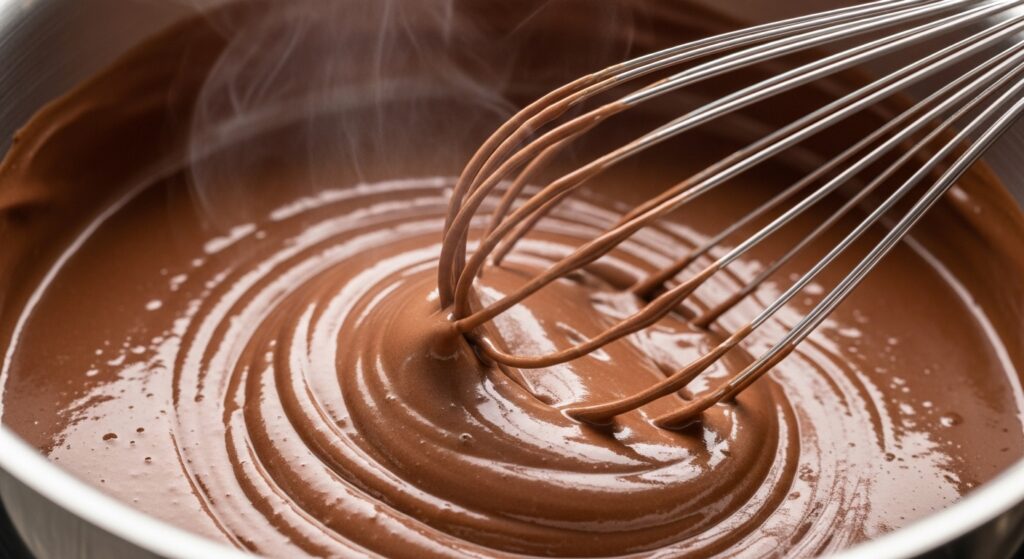 Creme da receita de pavê de Nescau econômico sendo preparado em uma panela.