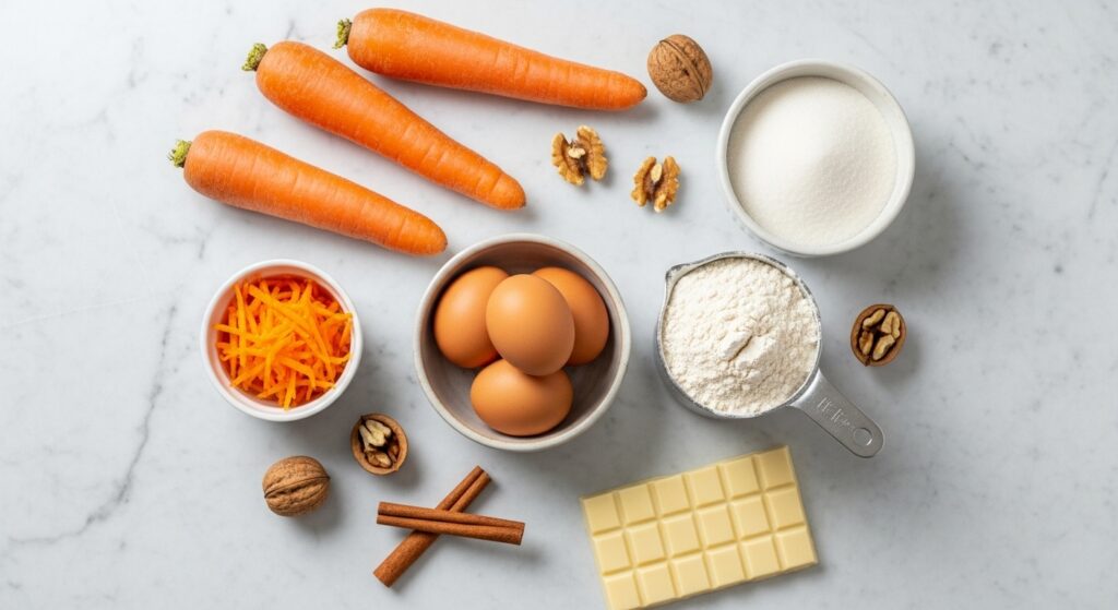 Ingredientes para a receita de bolo de cenoura com cobertura de chocolate branco organizados em uma bancada.