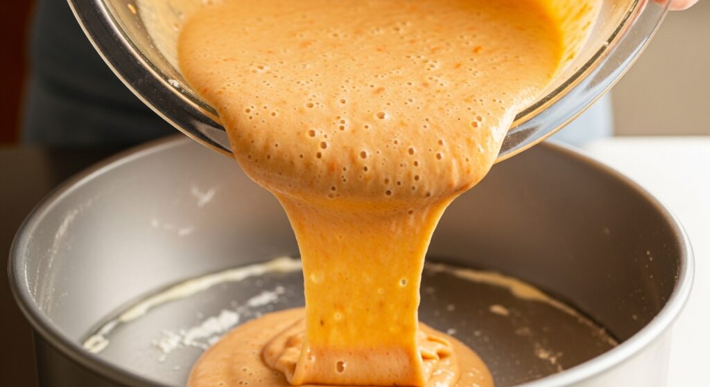 Massa da receita de bolo de cenoura com cobertura de chocolate branco sendo preparada.