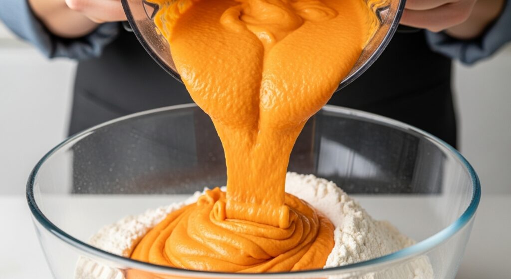 Massa da receita de bolo de cenoura fofinho sendo preparada em uma tigela de vidro.