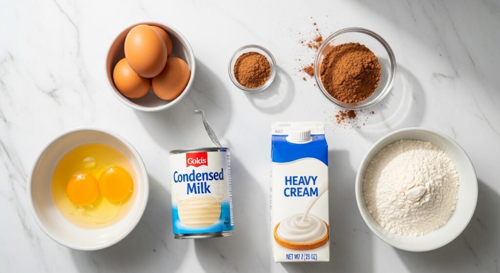 Ingredientes para receita de bolo alagado 3 leites de chocolate organizados em bancada.
