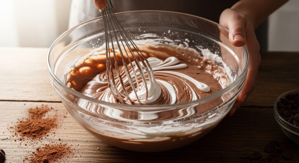 Massa de bolo alagado 3 leites de chocolate sendo preparada em tigela de vidro.