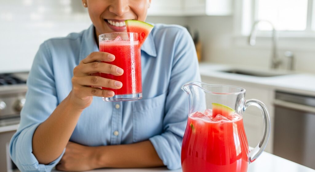 Mulher aproveitando os benefícios da melancia ao beber um suco refrescante e saudável.