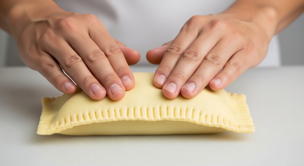 Como evitar que o pastel estoure na fritura - Demonstração de como retirar o ar de dentro do pastel antes de fechar para evitar que estoure.