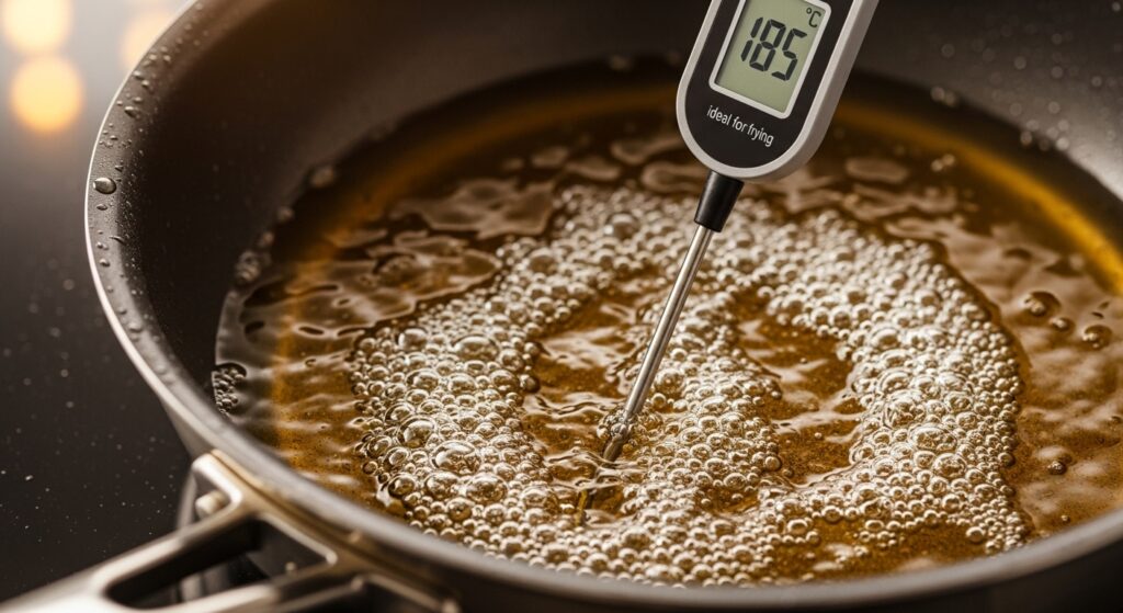 Termômetro culinário medindo a temperatura do óleo para fritar pastel, mostrando o ponto ideal.