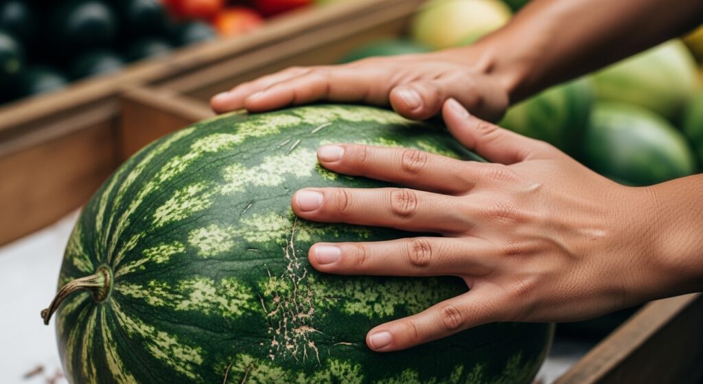 Pessoa aplicando uma das dicas sobre melancia, batendo na casca para verificar o som em uma feira.