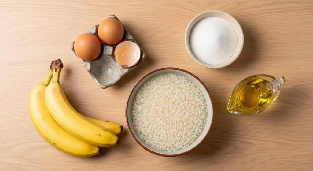 Ingredientes para o bolo de arroz cru organizados em uma bancada de cozinha, incluindo arroz, ovos e bananas.