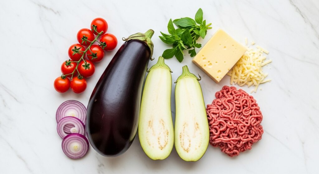 Ingredientes para a lasanha de berinjela, como berinjelas, carne moída e queijo, organizados em uma bancada.