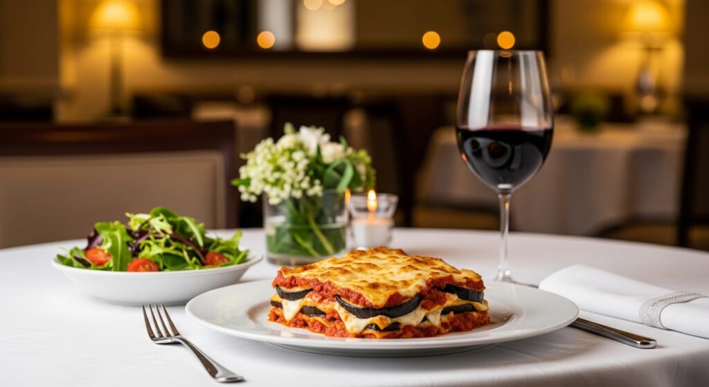 Mesa de jantar posta com o refratário de lasanha de berinjela ao centro, acompanhada de salada e vinho.