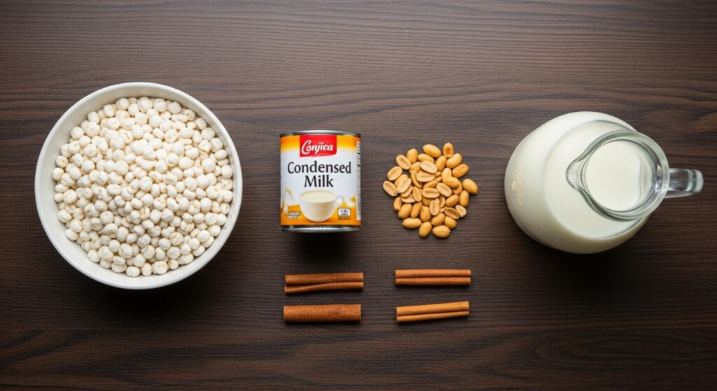 Ingredientes para canjica, como milho, leite condensado e amendoim, organizados em uma bancada de madeira.
