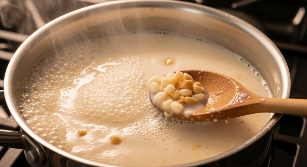 Close-up da receita de canjica com amendoim canjica cremosa borbulhando lentamente em uma panela no fogão.