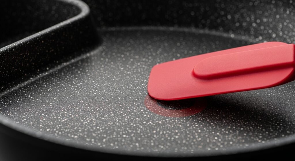 magem macro da textura do revestimento antiaderente de uma frigideira 4 em 1, com uma espátula de silicone demonstrando a qualidade e a eficácia da superfície em não grudar alimentos.