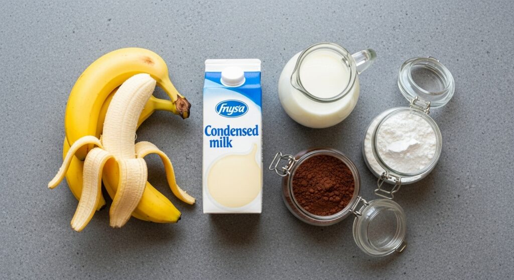 Ingredientes da receita de sobremesa de banana com chocolate organizados em uma bancada: bananas, leite, leite condensado, chocolate em pó e amido de milho.