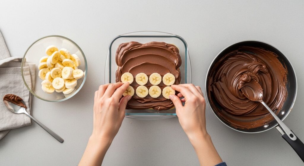 Passo a passo da receita de sobremesa de banana com chocolate, mostrando as mãos arrumando as rodelas de banana sobre o creme de chocolate na travessa.