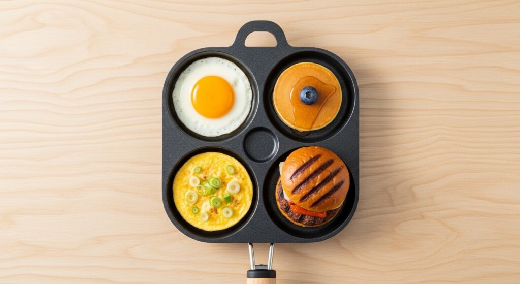 Vista de cima de uma frigideira antiaderente de 4 cavidades mostrando sua versatilidade, com cada espaço ocupado por um alimento diferente: um ovo frito, uma mini panqueca, um hambúrguer e um pequeno omelete.