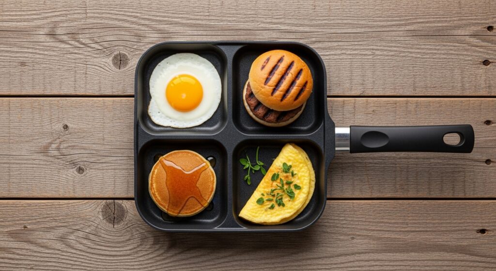 Vista de cima (flat lay) de uma frigideira 4 em 1 com suas quatro cavidades preenchidas: um ovo, uma panqueca, um hambúrguer e um omelete, demonstrando a versatilidade do utensílio.