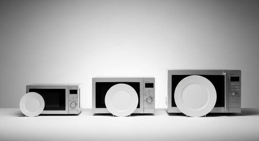 Ilustração de como escolher a capacidade do melhor micro-ondas, com pratos de tamanhos diferentes em frente a aparelhos de 20, 30 e 36 litros.