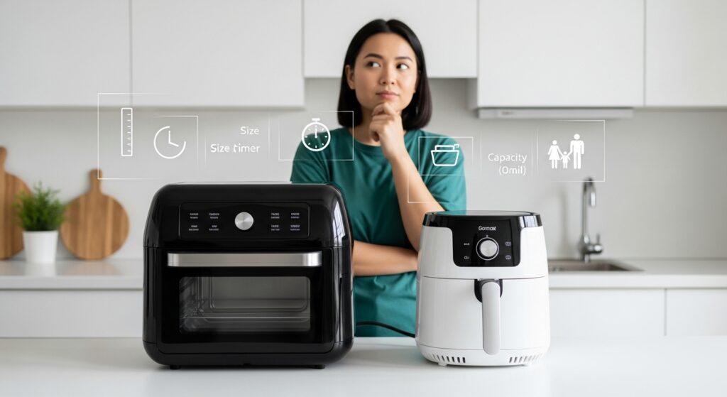 Pessoa comparando diferentes modelos para escolher a melhor air fryer, ilustrando a decisão entre um modelo oven e um de cesto, considerando capacidade e funções.