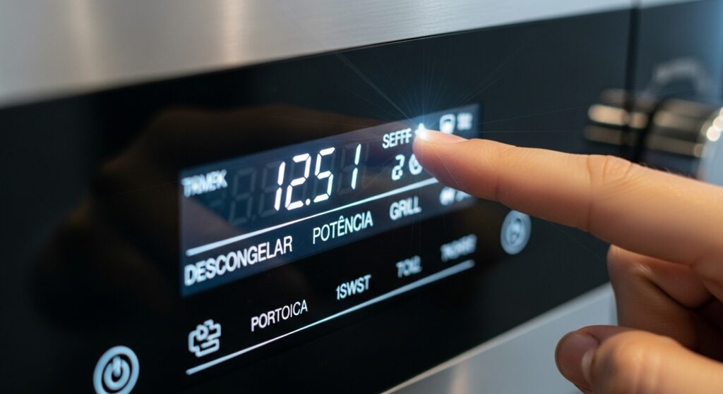 Painel digital de um micro-ondas moderno destacando funções como potência e descongelamento, importantes para escolher o melhor modelo.