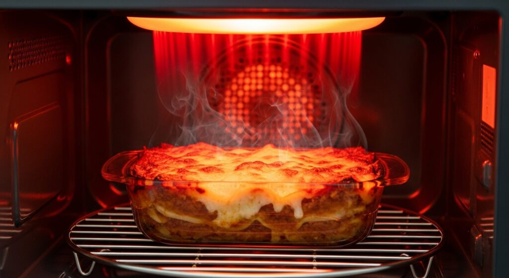 Lasanha sendo gratinada dentro de um micro-ondas com a função grill, mostrando o queijo dourado e borbulhante.