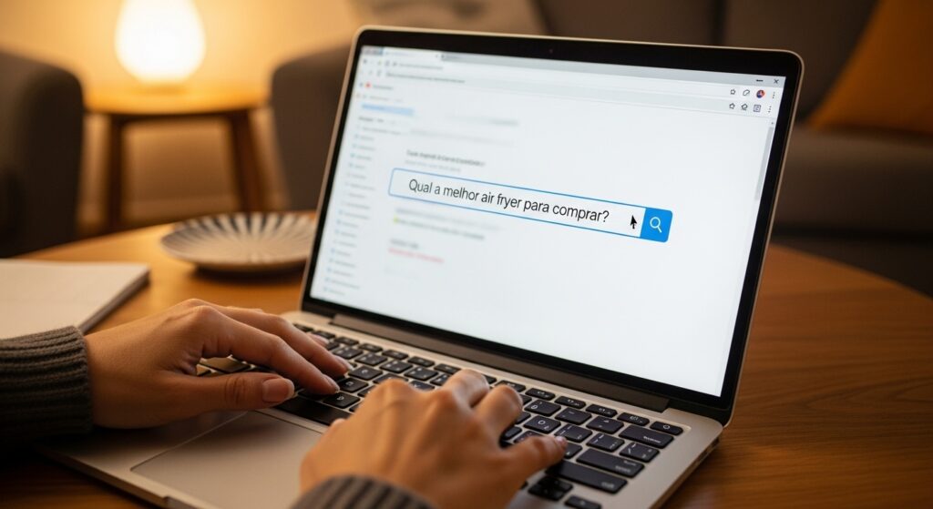Pessoa pesquisando em um laptop sobre 'qual a melhor air fryer para comprar', ilustrando a seção de perguntas frequentes (FAQ) do artigo.