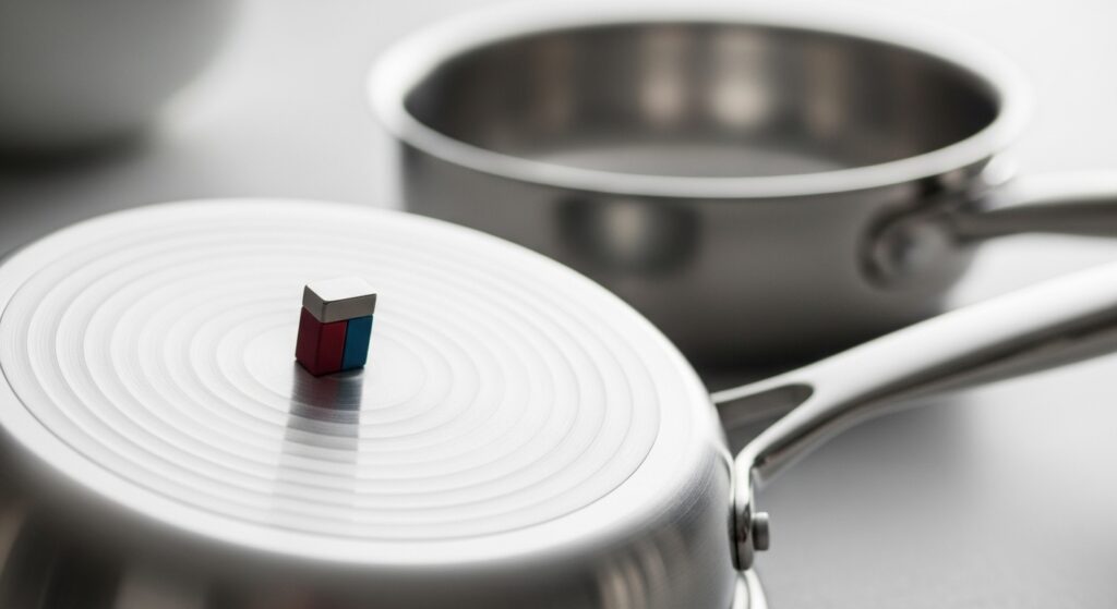 Imagem conceitual mostrando um ímã grudado no fundo de uma panela, demonstrando a propriedade ferromagnética necessária para  melhor jogo de panelas para indução.
