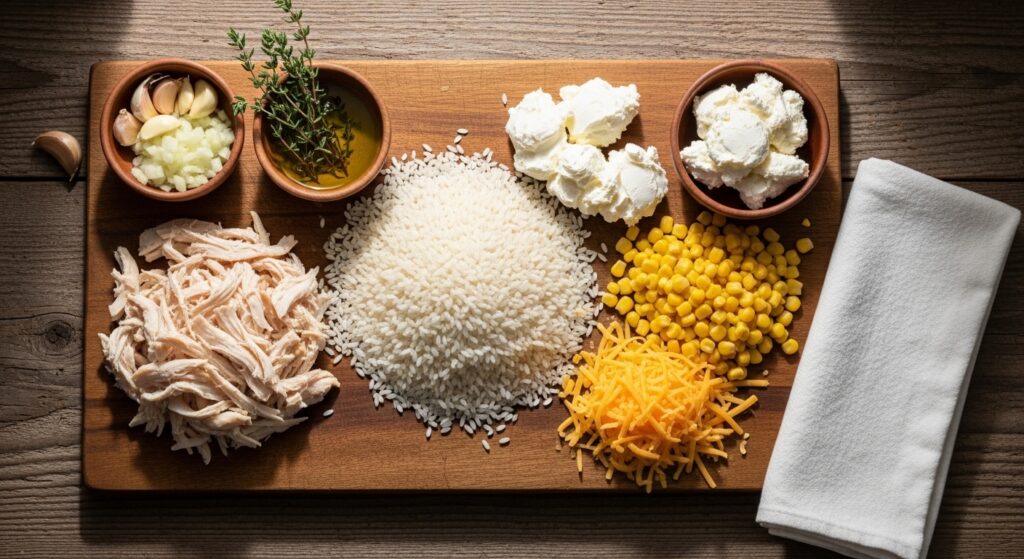 Ingredientes para o arroz de forno com frango organizados em uma bancada.