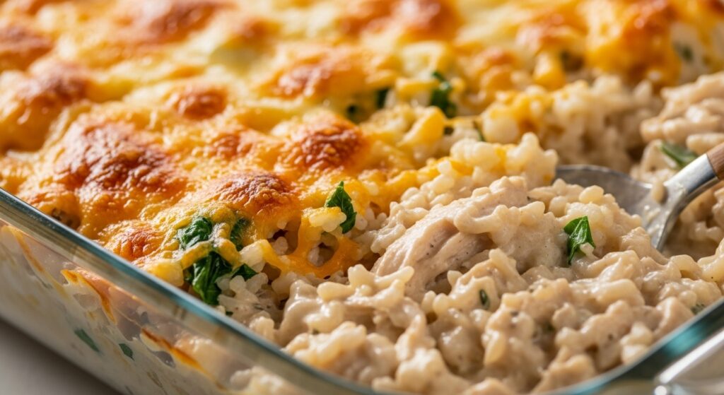 Detalhe da mistura cremosa do arroz de forno com frango antes de ir ao forno.