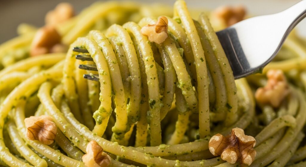 Macro de um garfo enrolando espaguete ao pesto, destacando a textura cremosa do molho na massa.