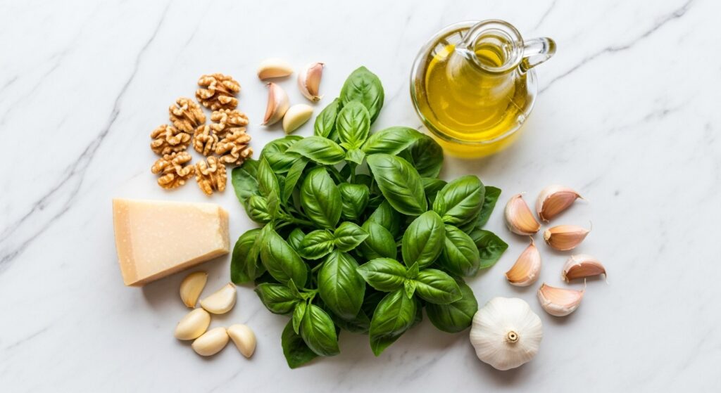 Ingredientes da receita de macarrão ao pesto rápido para o molho pesto caseiro organizados em uma bancada: manjericão fresco, parmesão, nozes, alho e azeite. 