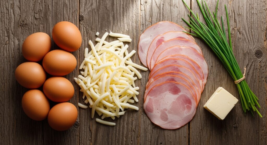 Ingredientes para o omelete recheado, como ovos, queijo e presunto, organizados em uma bancada de madeira.