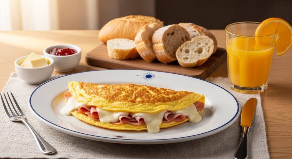 Mesa de café da manhã posta com o omelete recheado cremoso como prato principal