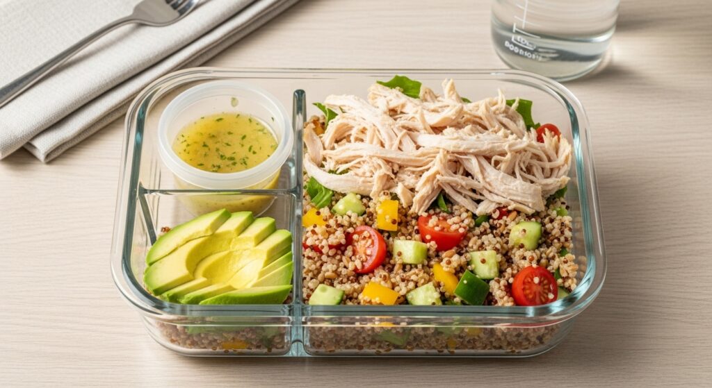 Receita de Salada de frango com grãos pronta para levar em uma marmita de vidro.