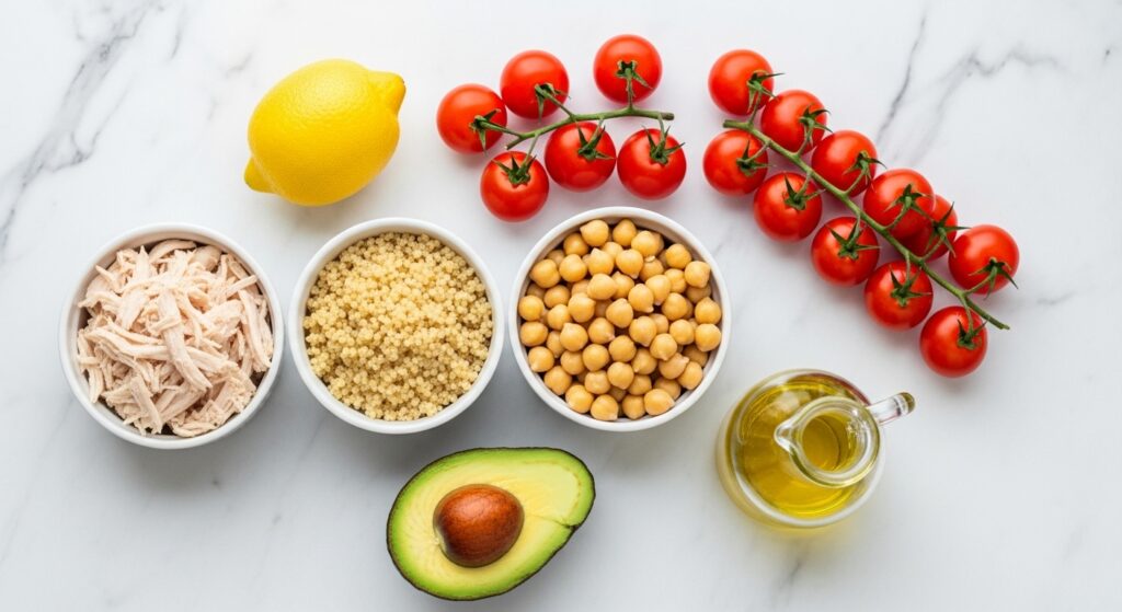 Ingredientes para a salada de frango com grãos organizados em uma bancada, vistos de cima.