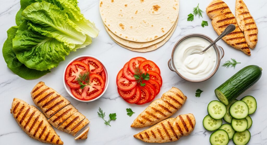 Ingredientes para a receita de wrap de frango grelhado organizados em uma bancada de cozinha.