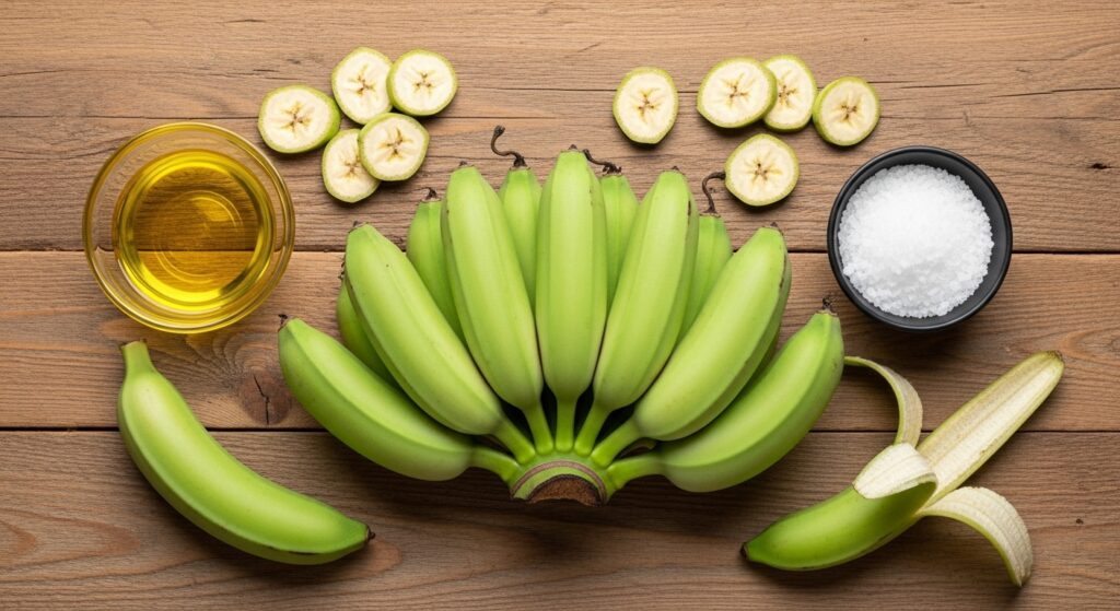 Ingredientes para chips de banana crocantes organizados em uma bancada de cozinha.