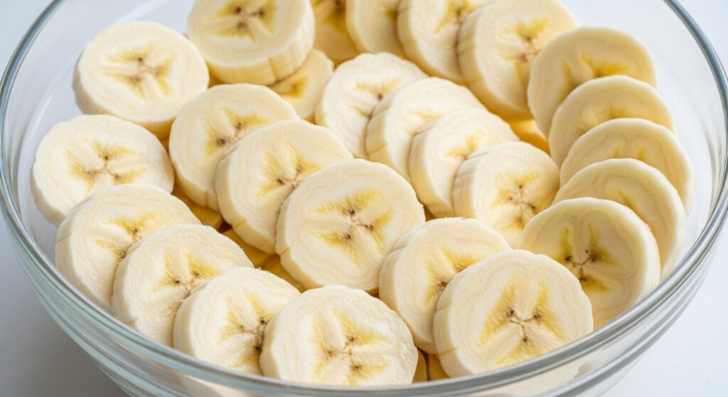 Fatiando banana verde para fazer chips de banana crocantes.