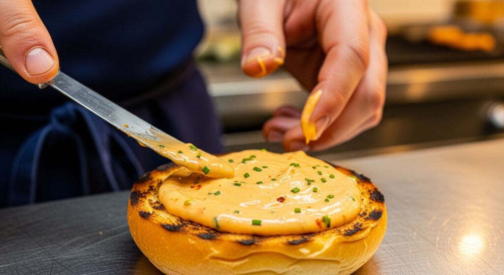 Detalhe da preparação de molho especial ensinada no Curso de Hambúrguer Artesanal.