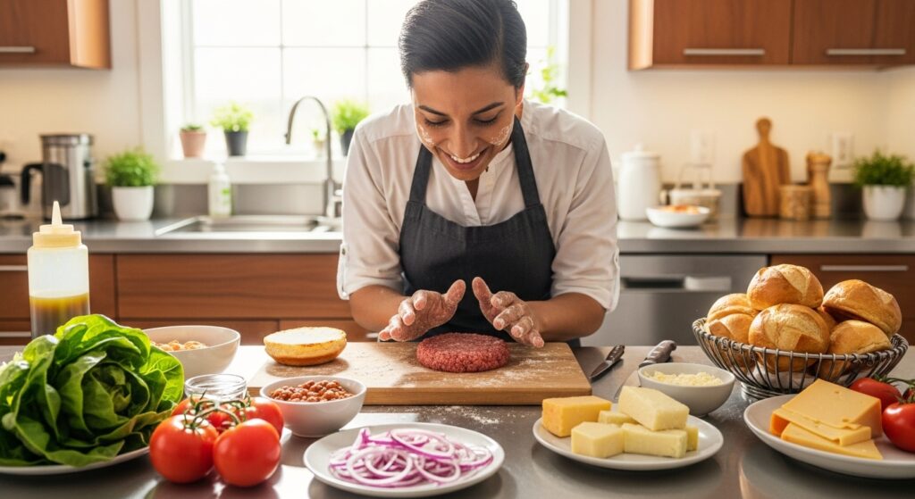 Pessoa utilizando as técnicas do Curso de Hambúrguer Artesanal para modelar a carne