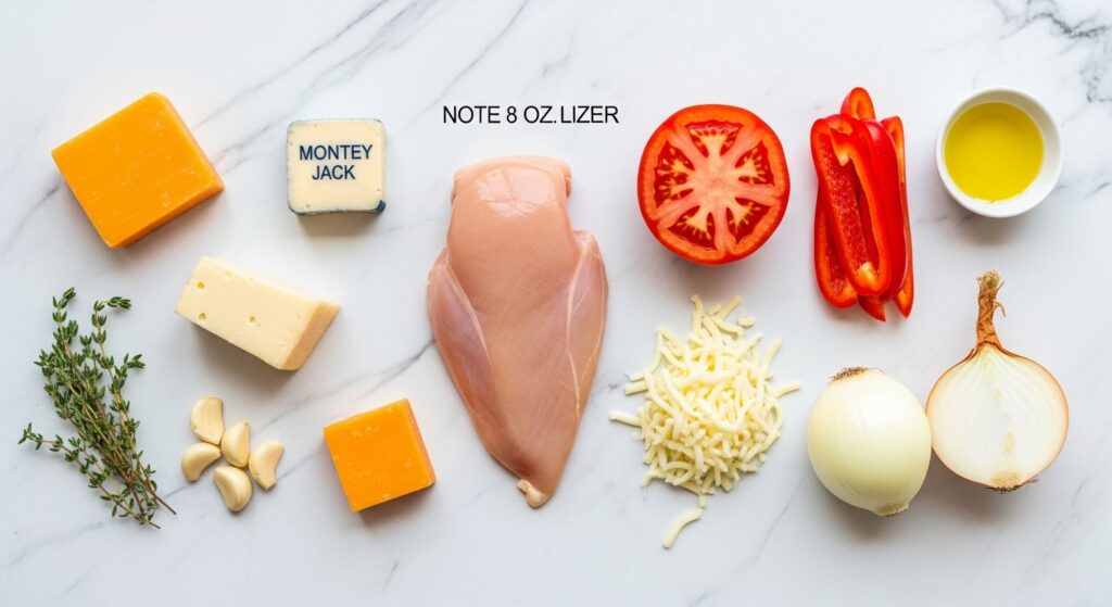 Ingredientes para a receita de frango em cubinhos com queijo organizados em uma bancada de cozinha.