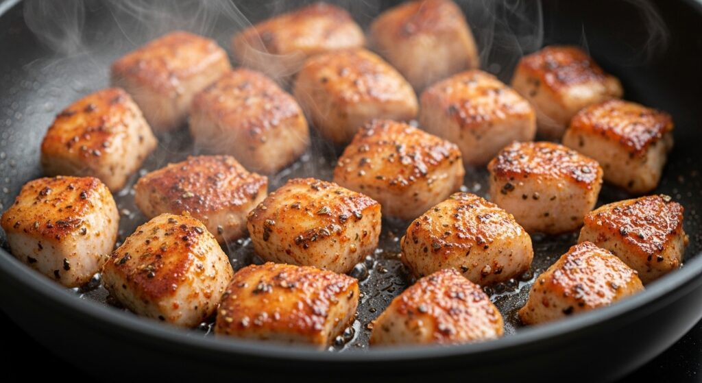 Cubos de frango sendo dourados em uma frigideira para a receita com queijo.