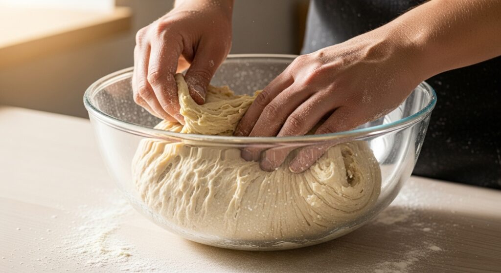Massa do lanche fácil para café da manhã sendo preparada em tigela de vidro.