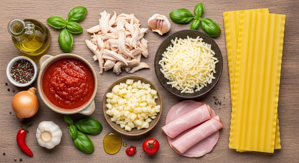 Ingredientes para a lasanha de frango com molho branco organizados em uma bancada de cozinha.