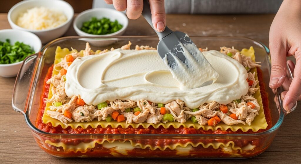 Montagem da lasanha de frango com molho branco em travessa de vidro.