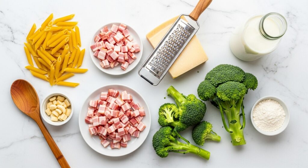 Ingredientes para a receita de macarrão ao molho branco com brócolis e bacon organizados em uma bancada.