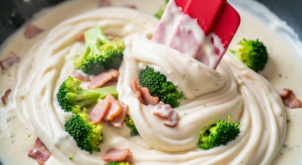 Molho branco cremoso com brócolis e bacon sendo preparado na panela.