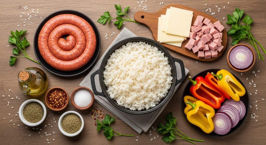 Ingredientes para a receita de arroz de forno com linguiça calabresa organizados em uma bancada.