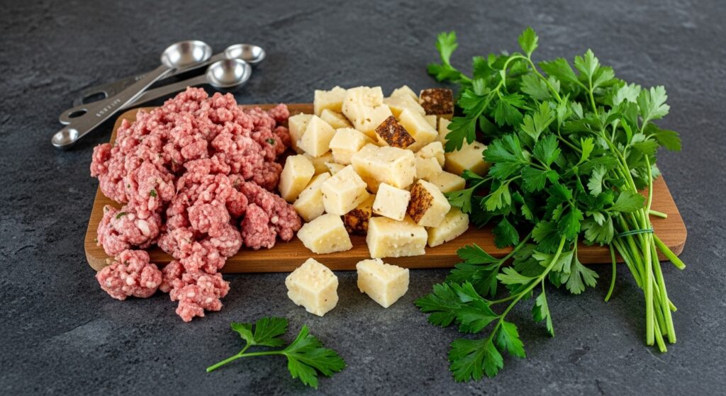 Foto mostrando a receita de bolinho de linguiça com queijo, com um bolinho cortado ao meio exibindo o queijo derretido.